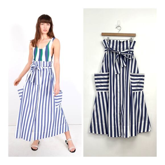 WHIT A-Line Tie Belt Pockets Midi Skirt Architectural Artsy Preppy Stripe Size 4 - Picture 1 of 15